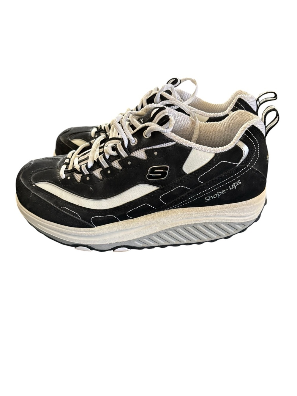 Sketchers Shape~Ups Fitness Sneaker Shoe Black White Suede Sz 9.5 Lace Up 11809